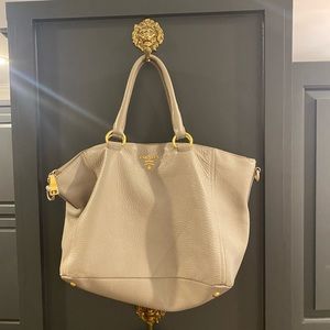 Prada purse bag leather gray crossbody tote zip removable strap gold hardware